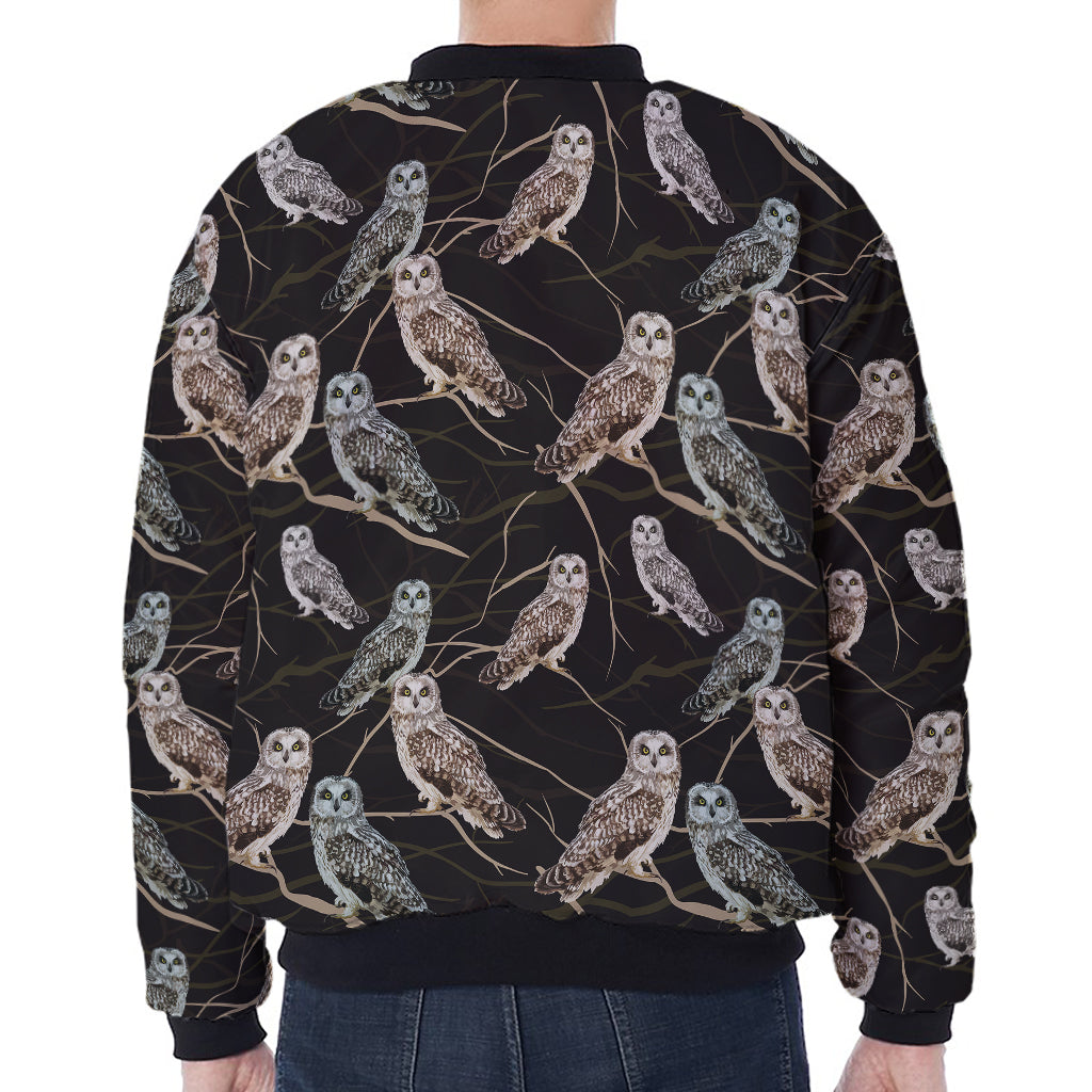Night Owl Pattern Print Zip Sleeve Bomber Jacket