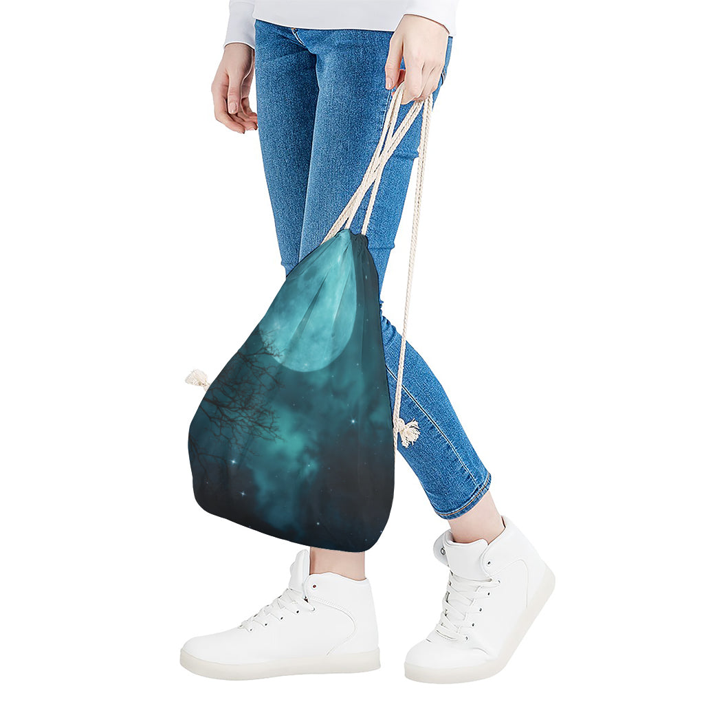 Night Sky And Full Moon Print Drawstring Bag