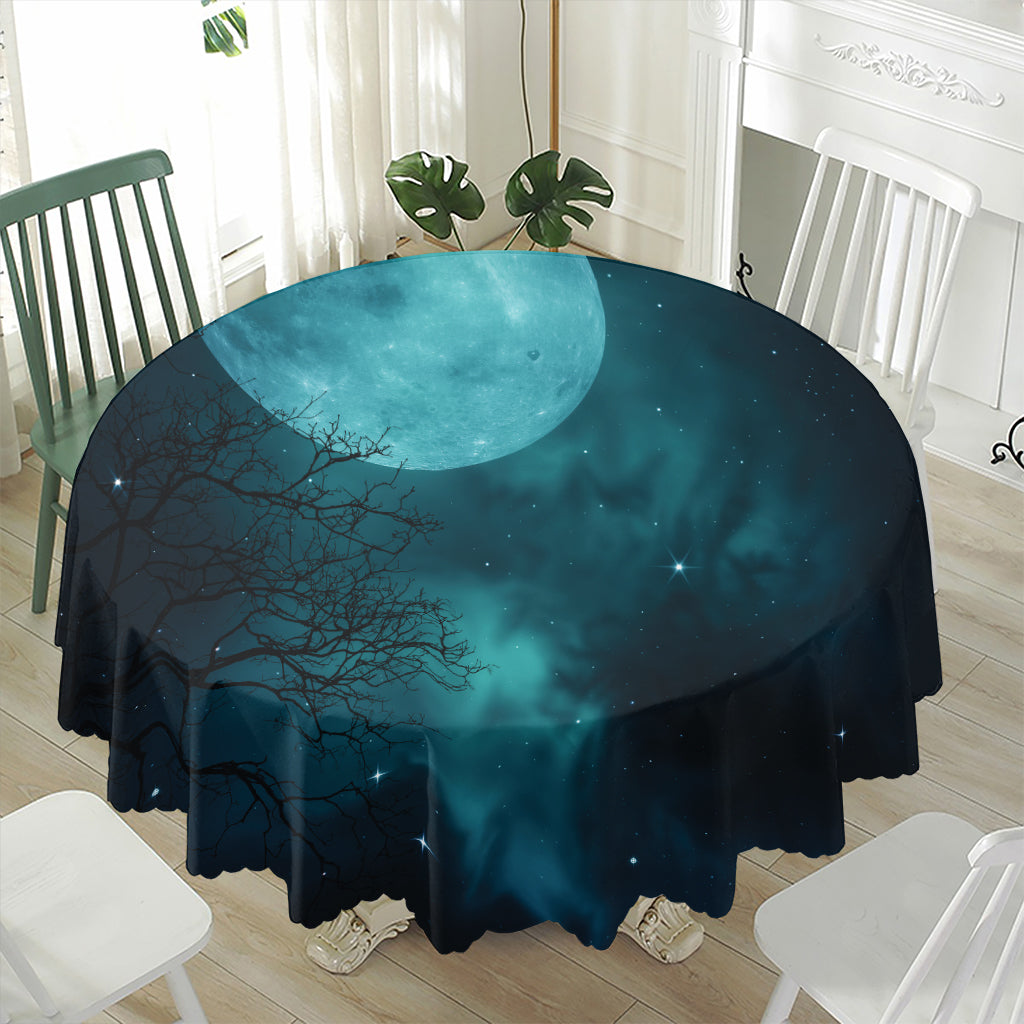 Night Sky And Full Moon Print Waterproof Round Tablecloth