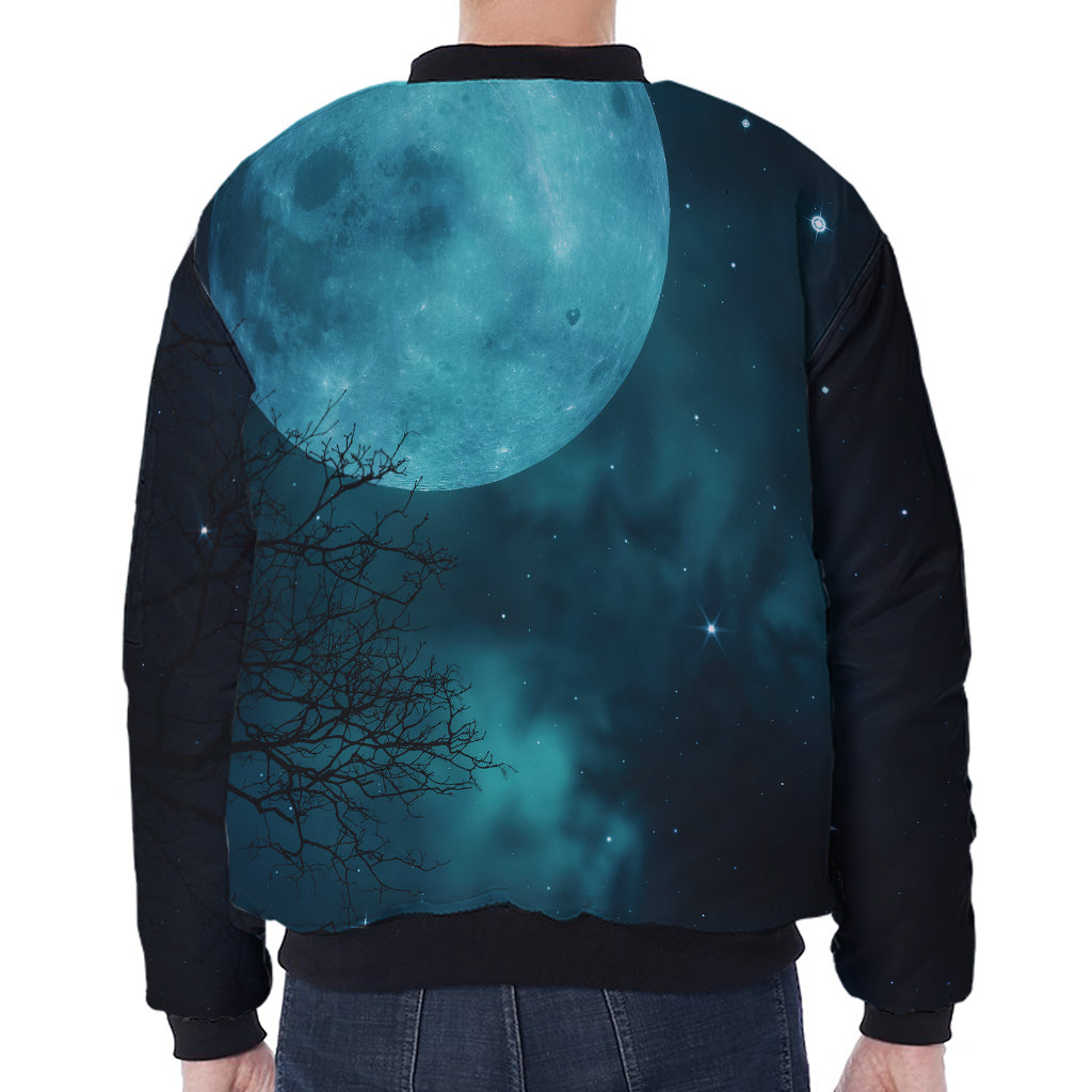 Night Sky And Full Moon Print Zip Sleeve Bomber Jacket