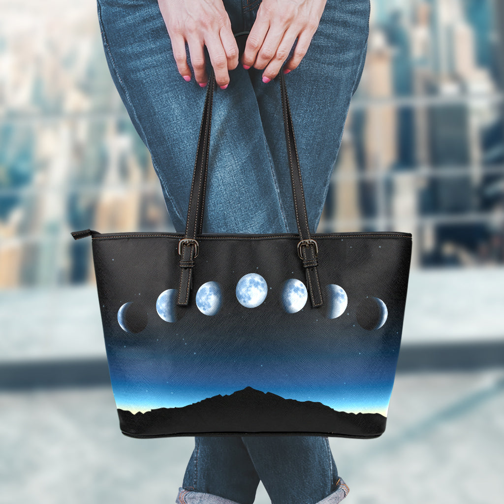 Night Sky And Moon Phase Print Leather Tote Bag
