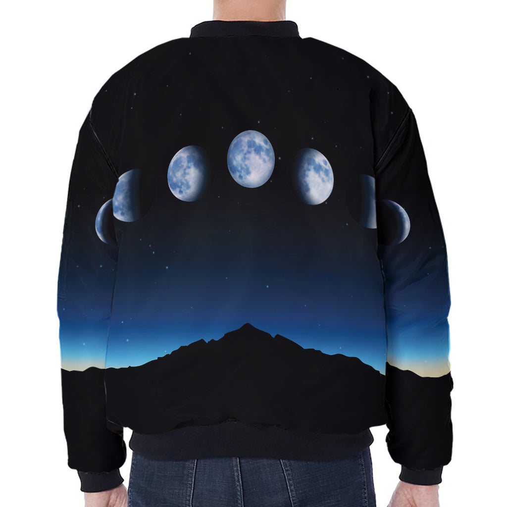 Night Sky And Moon Phase Print Zip Sleeve Bomber Jacket