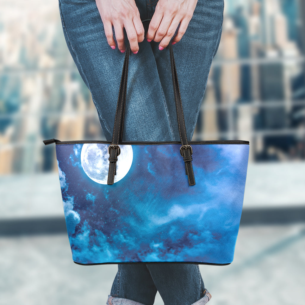 Night Sky And Moonlight Print Leather Tote Bag