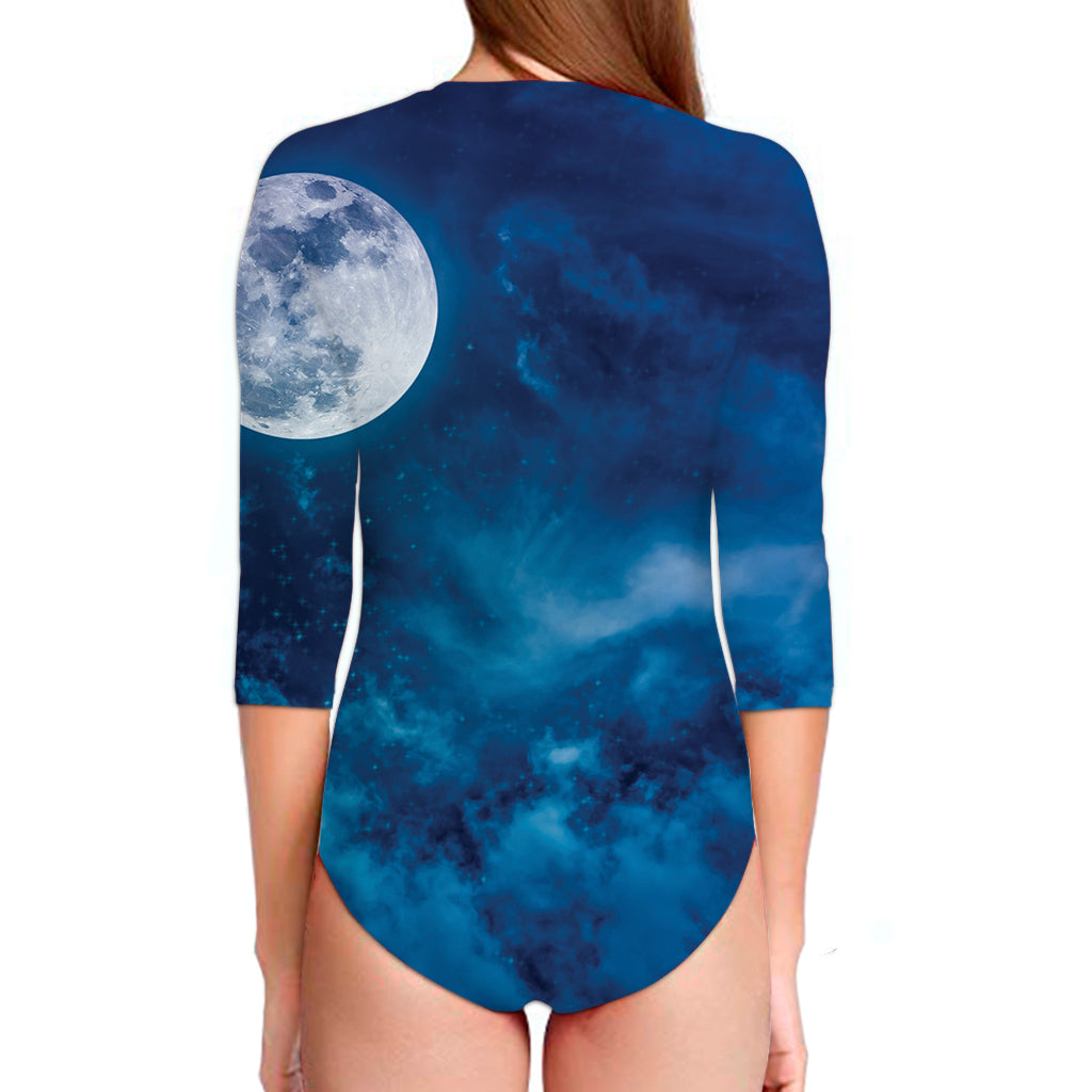Night Sky And Moonlight Print Long Sleeve Swimsuit