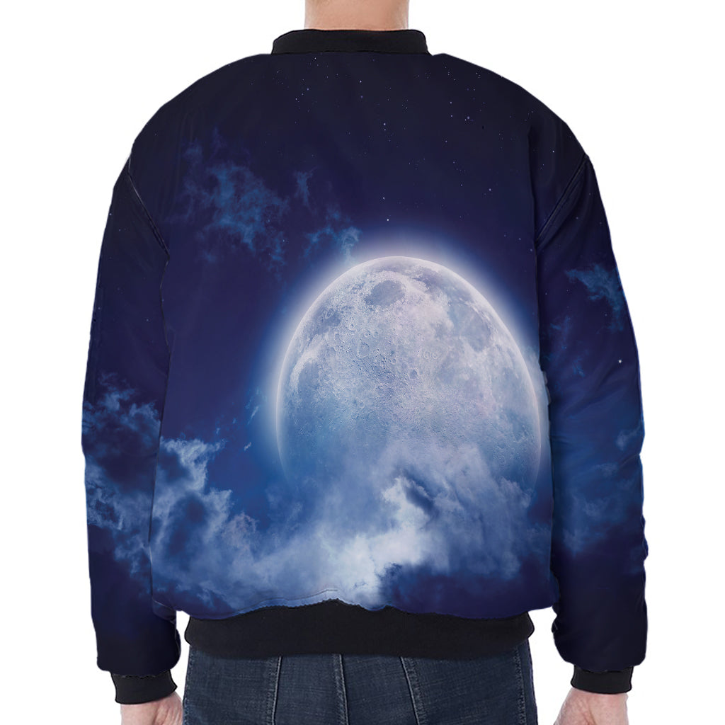Night Sky Full Moon Print Zip Sleeve Bomber Jacket