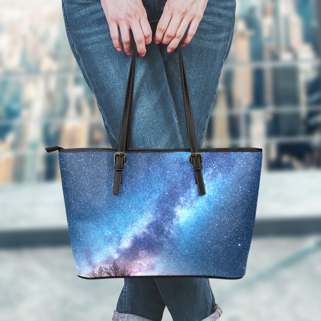 Night Sky Milky Way Print Leather Tote Bag