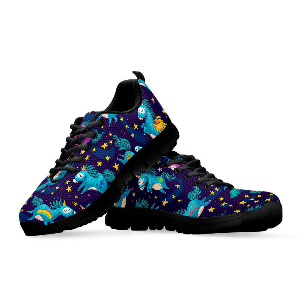 Night Star Unicorn Pattern Print Black Running Shoes