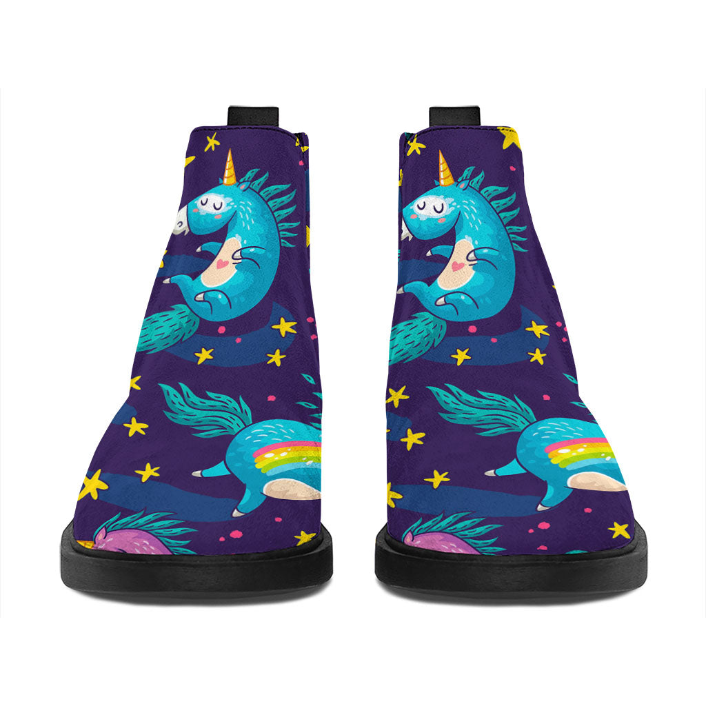 Night Star Unicorn Pattern Print Flat Ankle Boots
