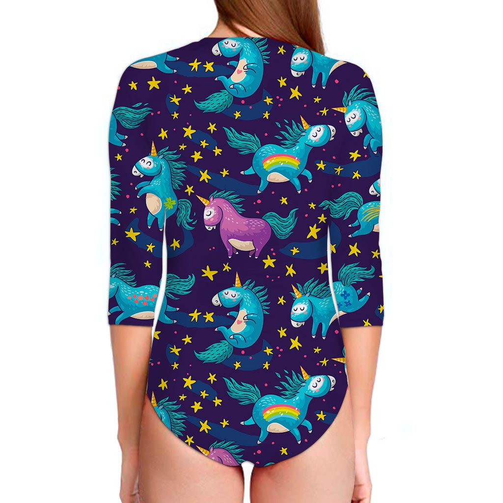 Night Star Unicorn Pattern Print Long Sleeve Swimsuit