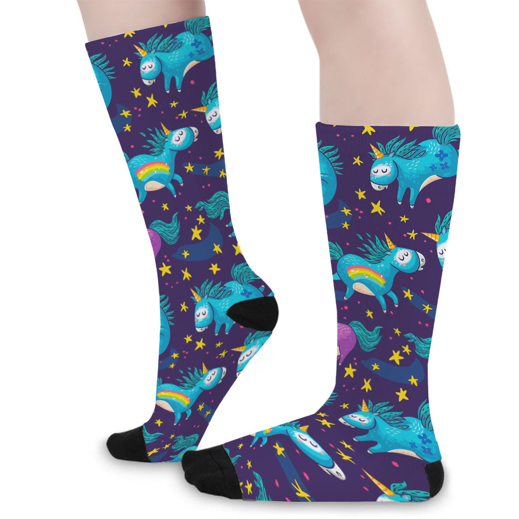 Night Star Unicorn Pattern Print Long Socks