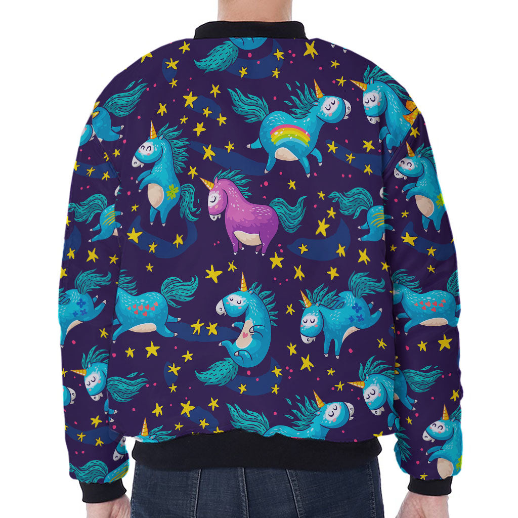 Night Star Unicorn Pattern Print Zip Sleeve Bomber Jacket