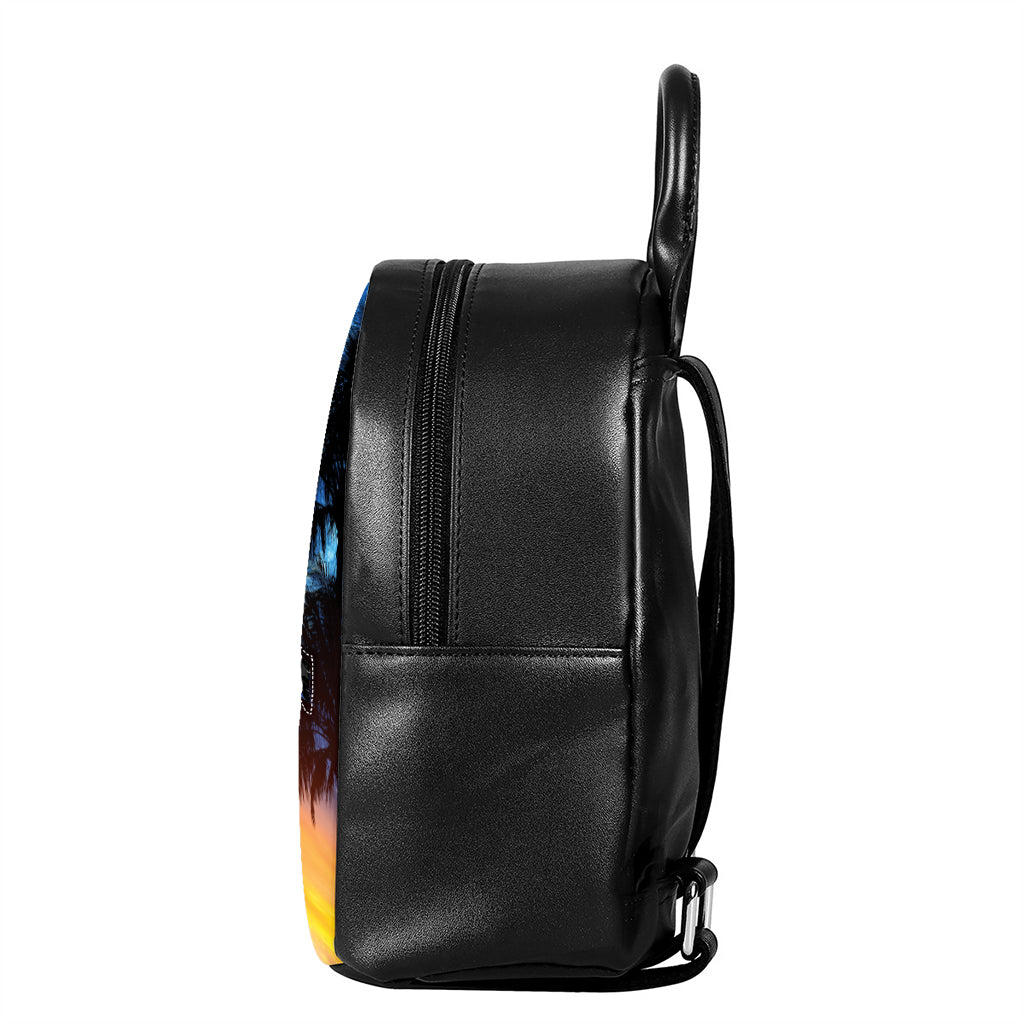 Night Sunset Sky And Palm Trees Print Leather Backpack