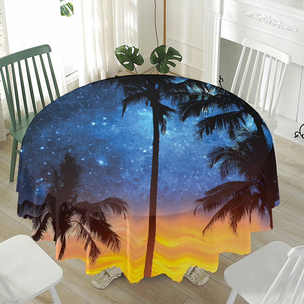 Night Sunset Sky And Palm Trees Print Waterproof Round Tablecloth