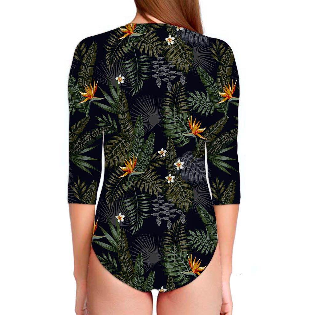 Night Tropical Hawaii Pattern Print Long Sleeve Swimsuit