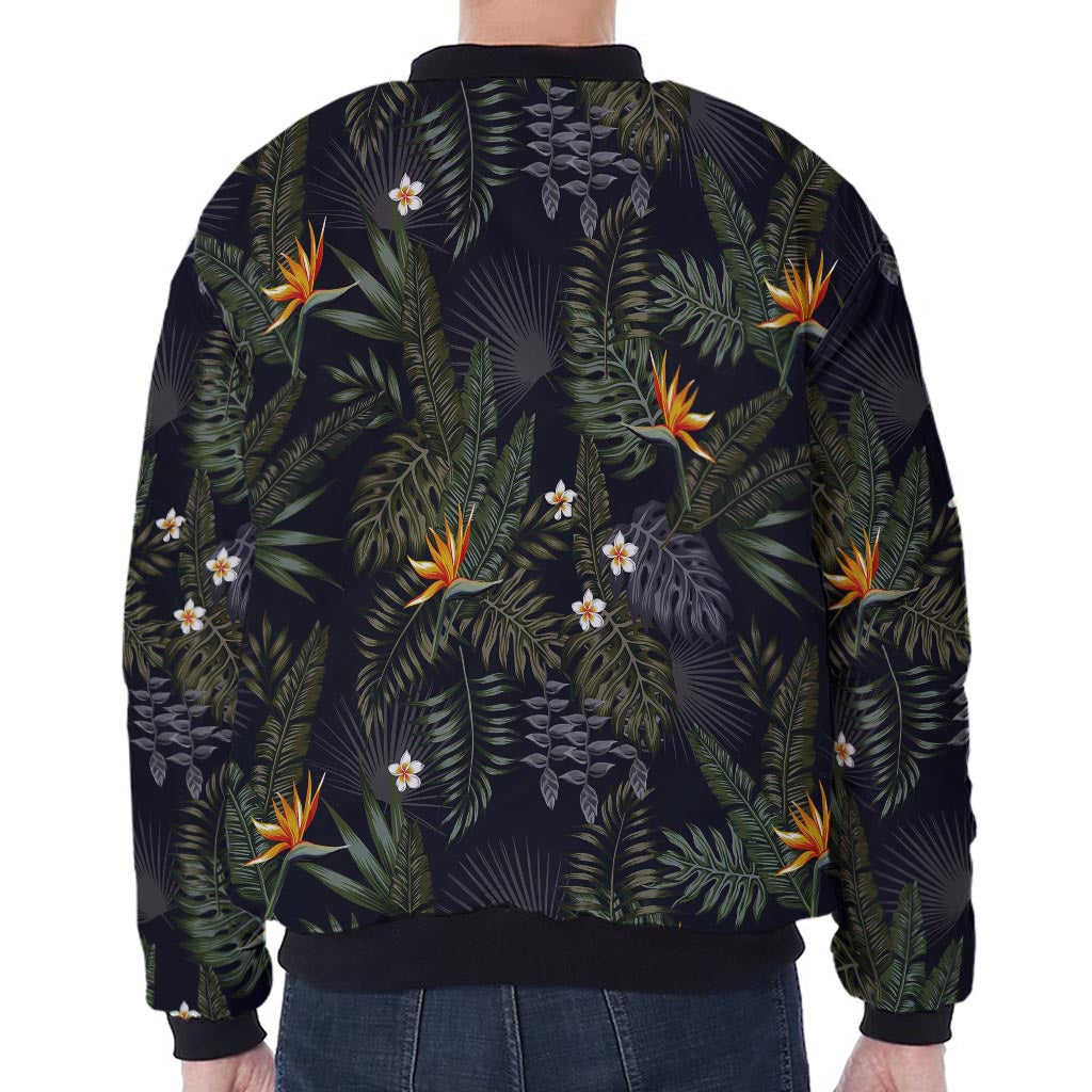 Night Tropical Hawaii Pattern Print Zip Sleeve Bomber Jacket