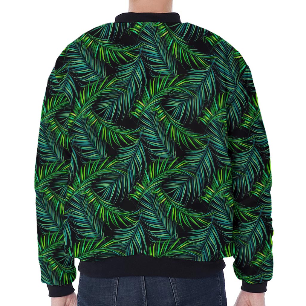 Night Tropical Palm Leaves Pattern Print Zip Sleeve Bomber Jacket
