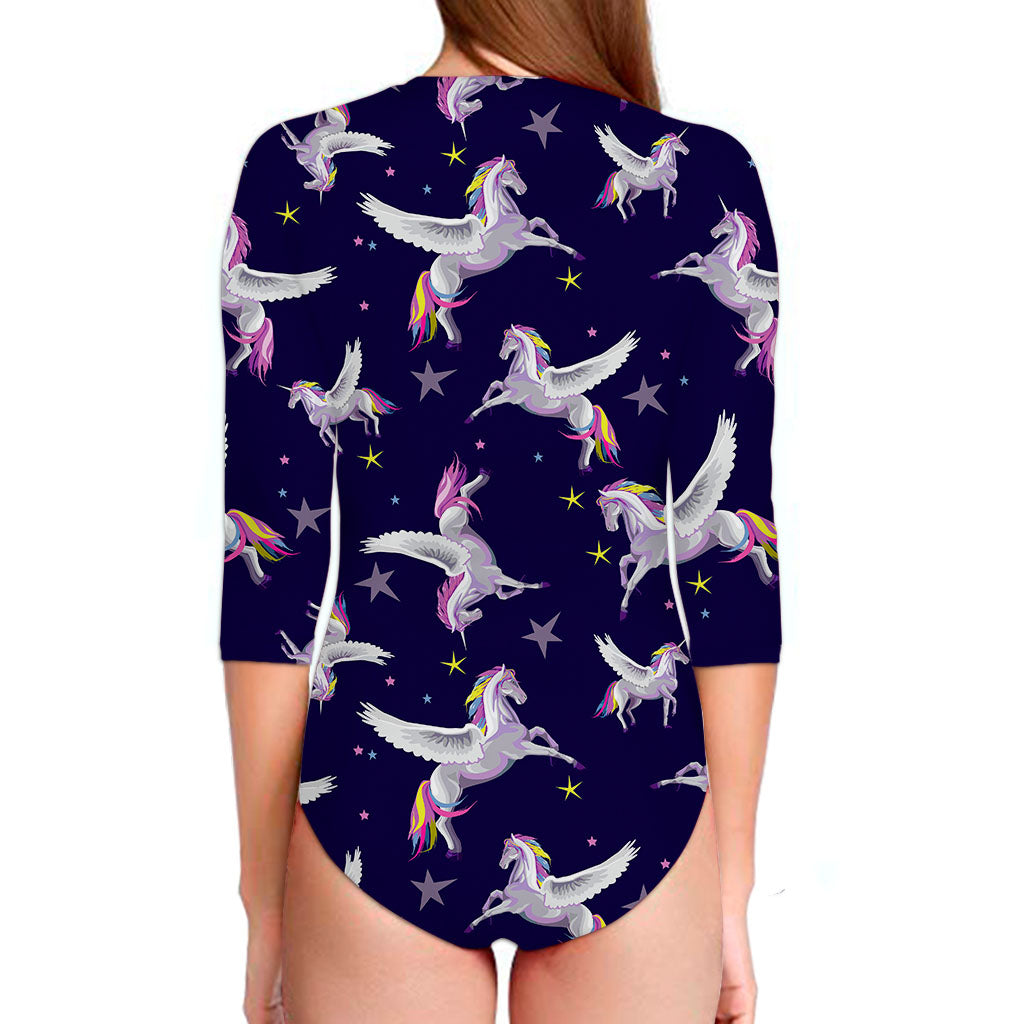 Night Winged Unicorn Pattern Print Long Sleeve Swimsuit