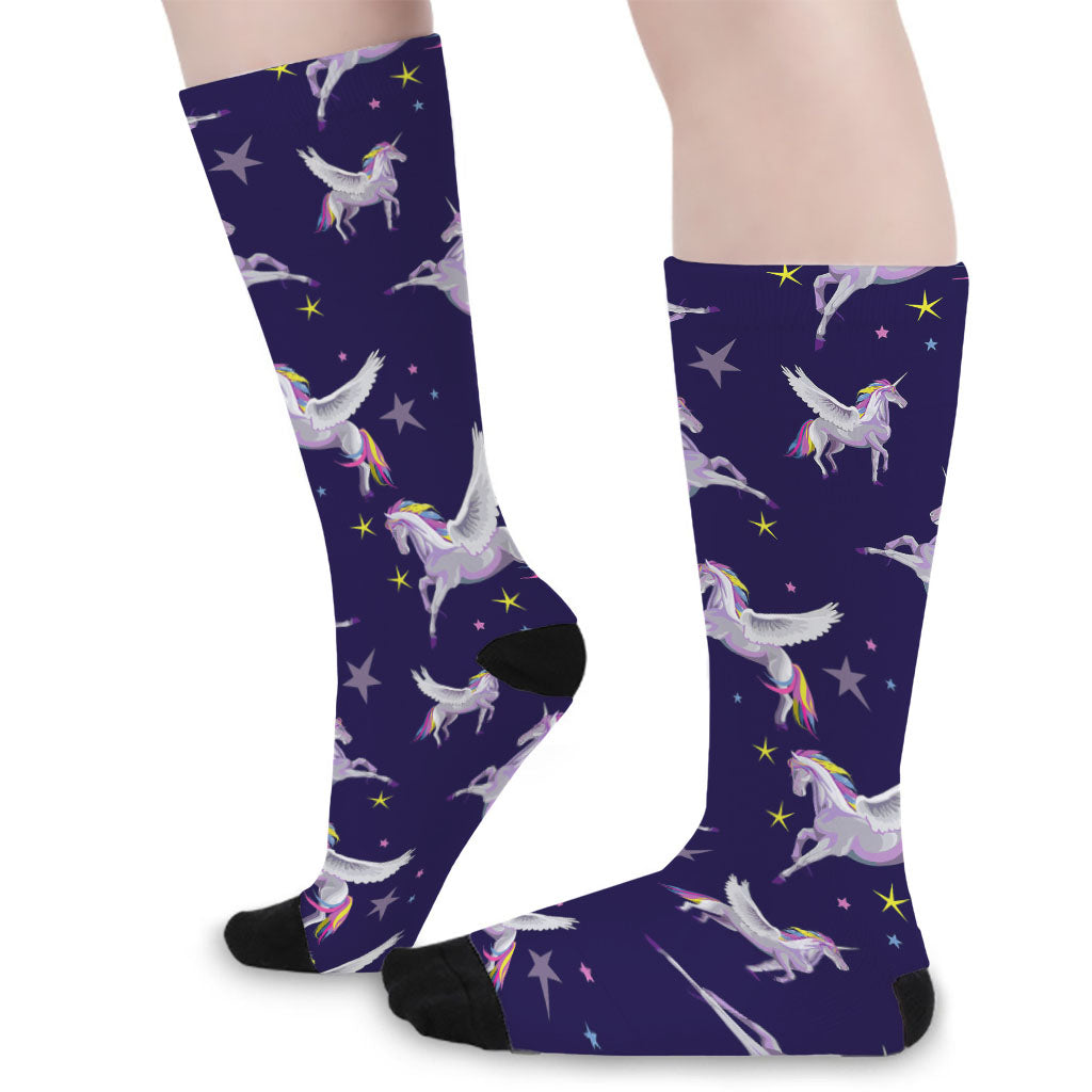 Night Winged Unicorn Pattern Print Long Socks