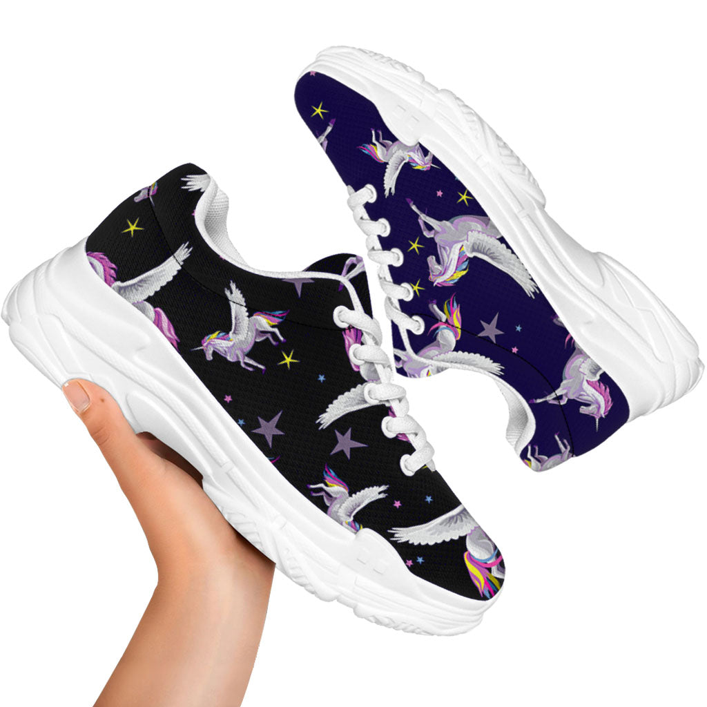 Night Winged Unicorn Pattern Print White Chunky Shoes