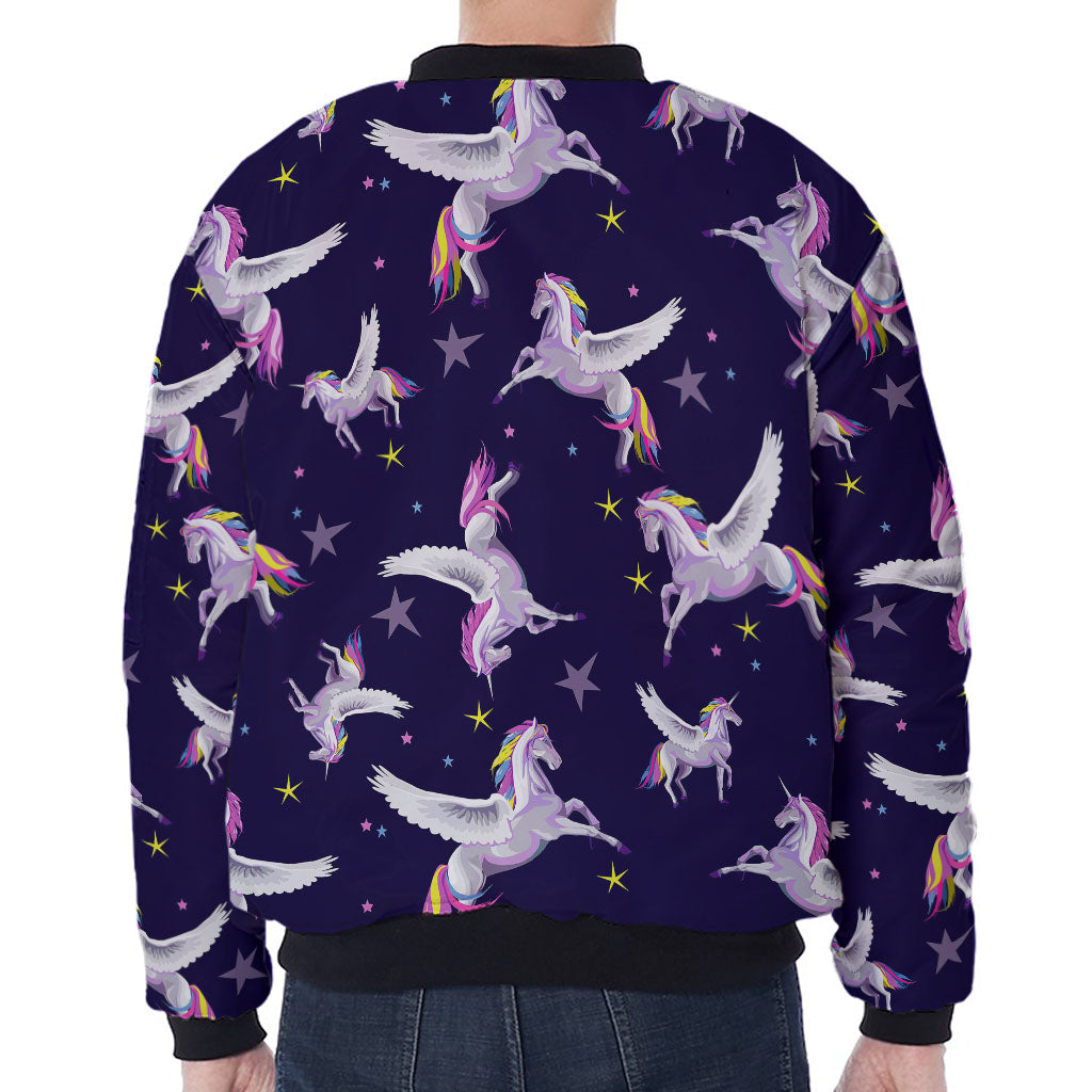 Night Winged Unicorn Pattern Print Zip Sleeve Bomber Jacket