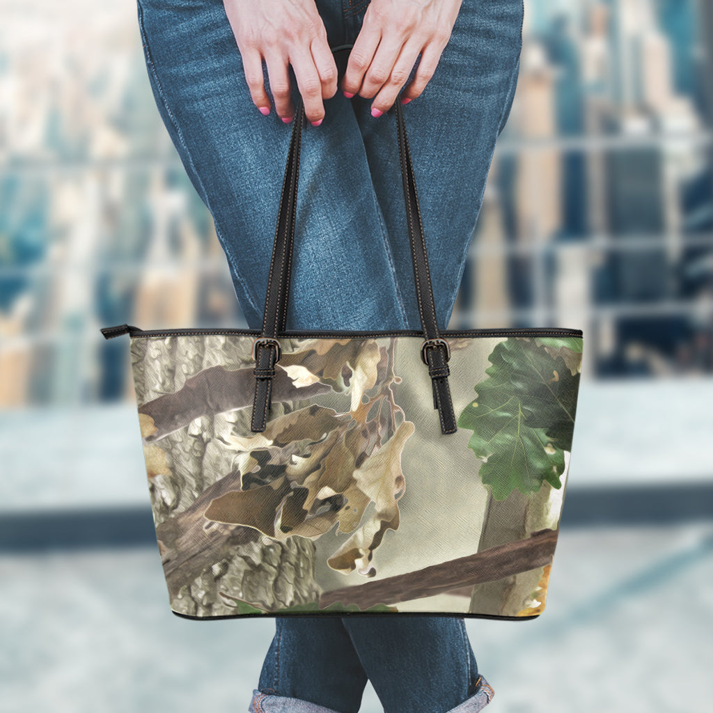 Oak Tree Hunting Camouflage Print Leather Tote Bag