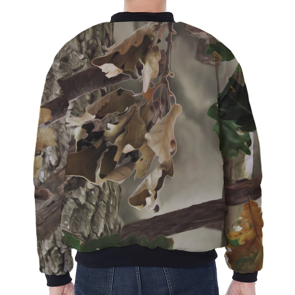 Oak Tree Hunting Camouflage Print Zip Sleeve Bomber Jacket