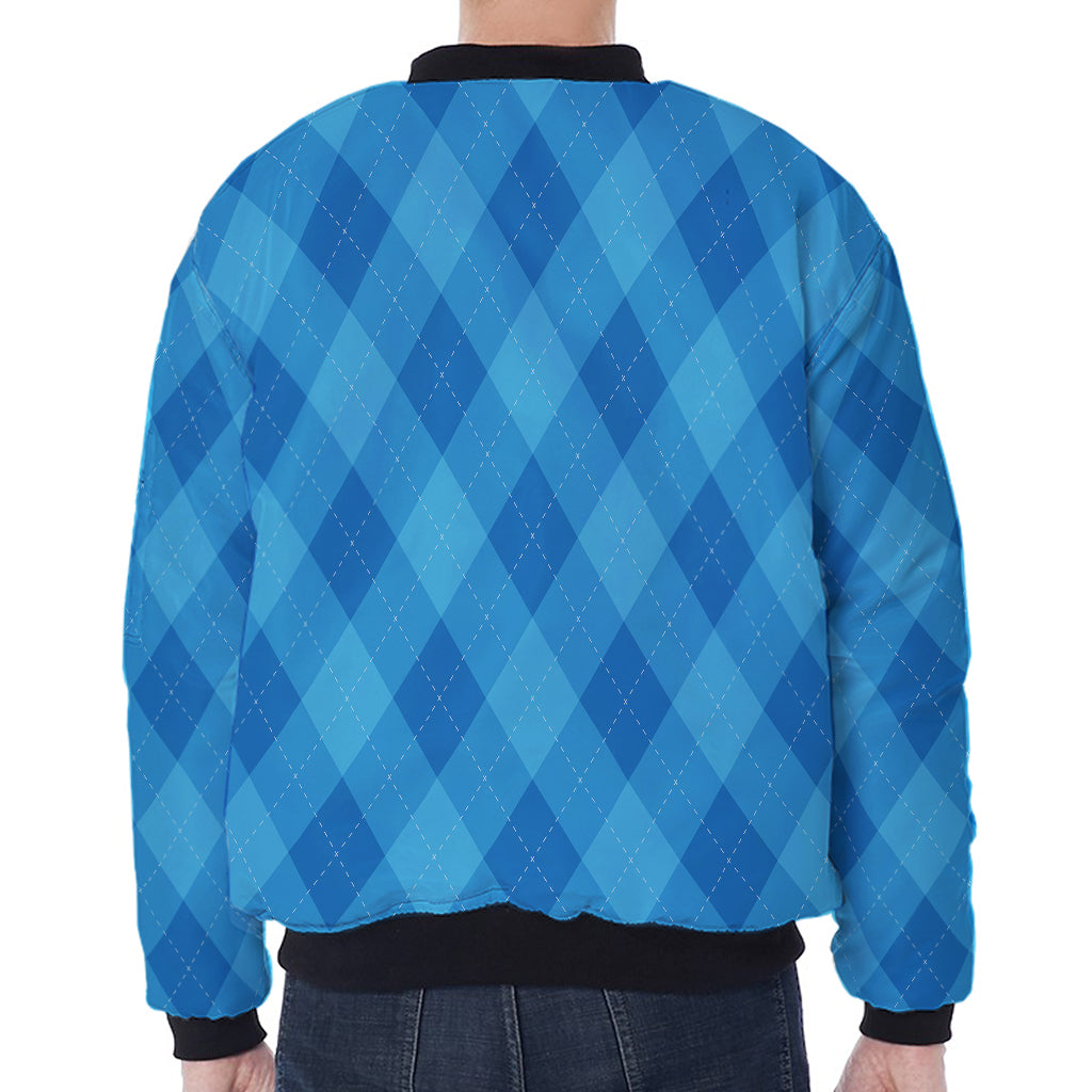 Ocean Blue Argyle Pattern Print Zip Sleeve Bomber Jacket