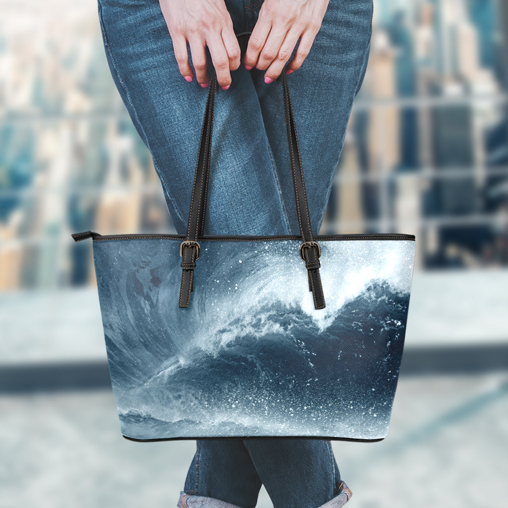 Ocean Wave Print Leather Tote Bag
