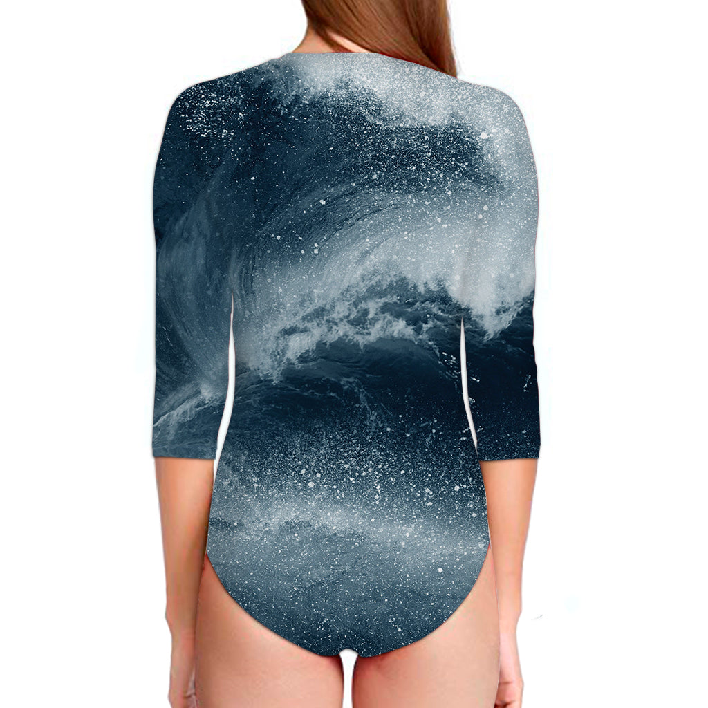 Ocean Wave Print Long Sleeve Swimsuit