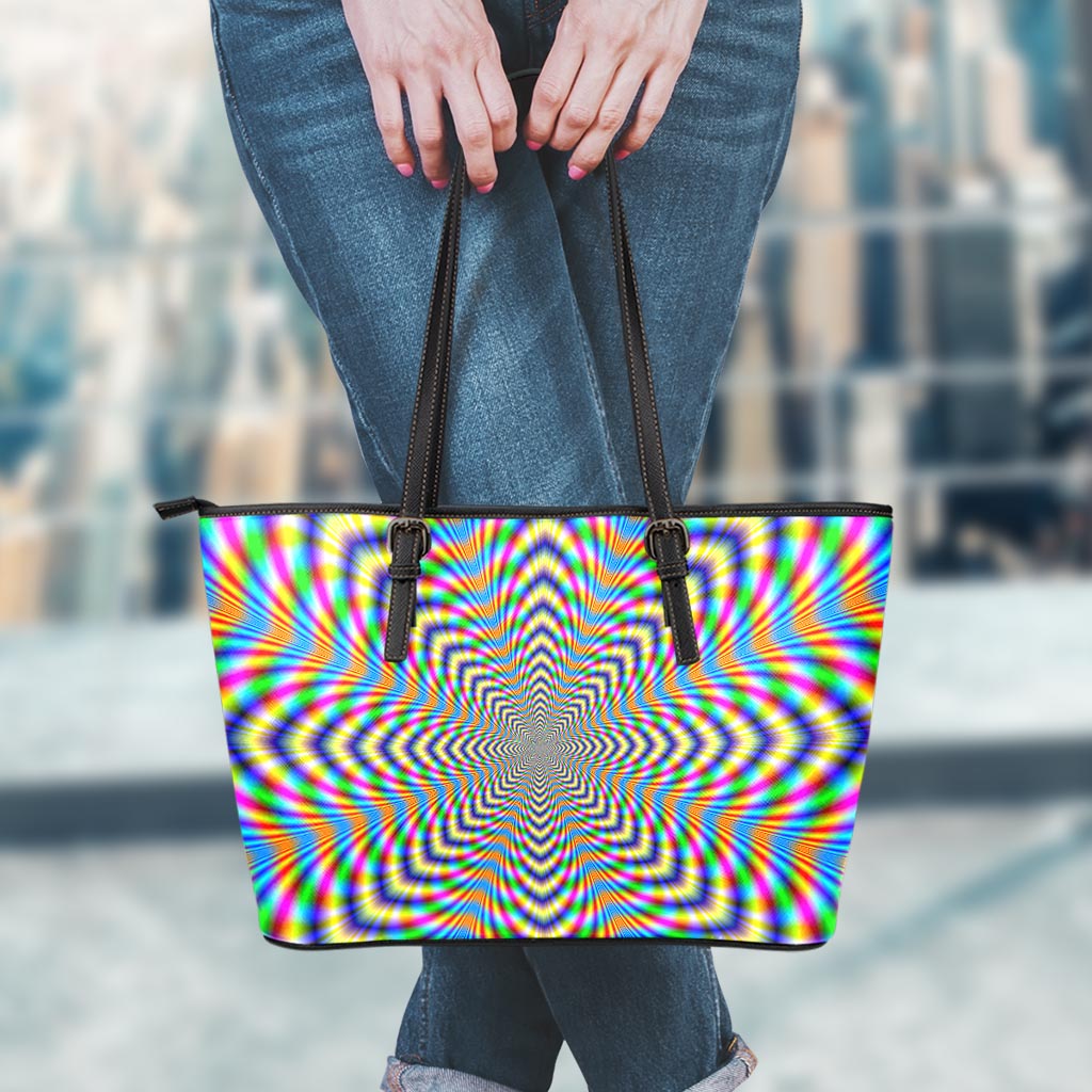 Octagonal Psychedelic Optical Illusion Leather Tote Bag