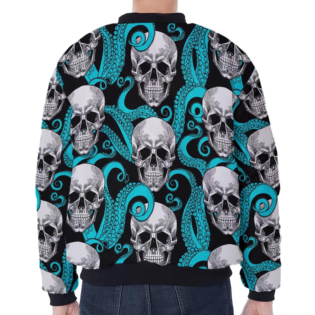 Octopus Tentacles Skull Pattern Print Zip Sleeve Bomber Jacket