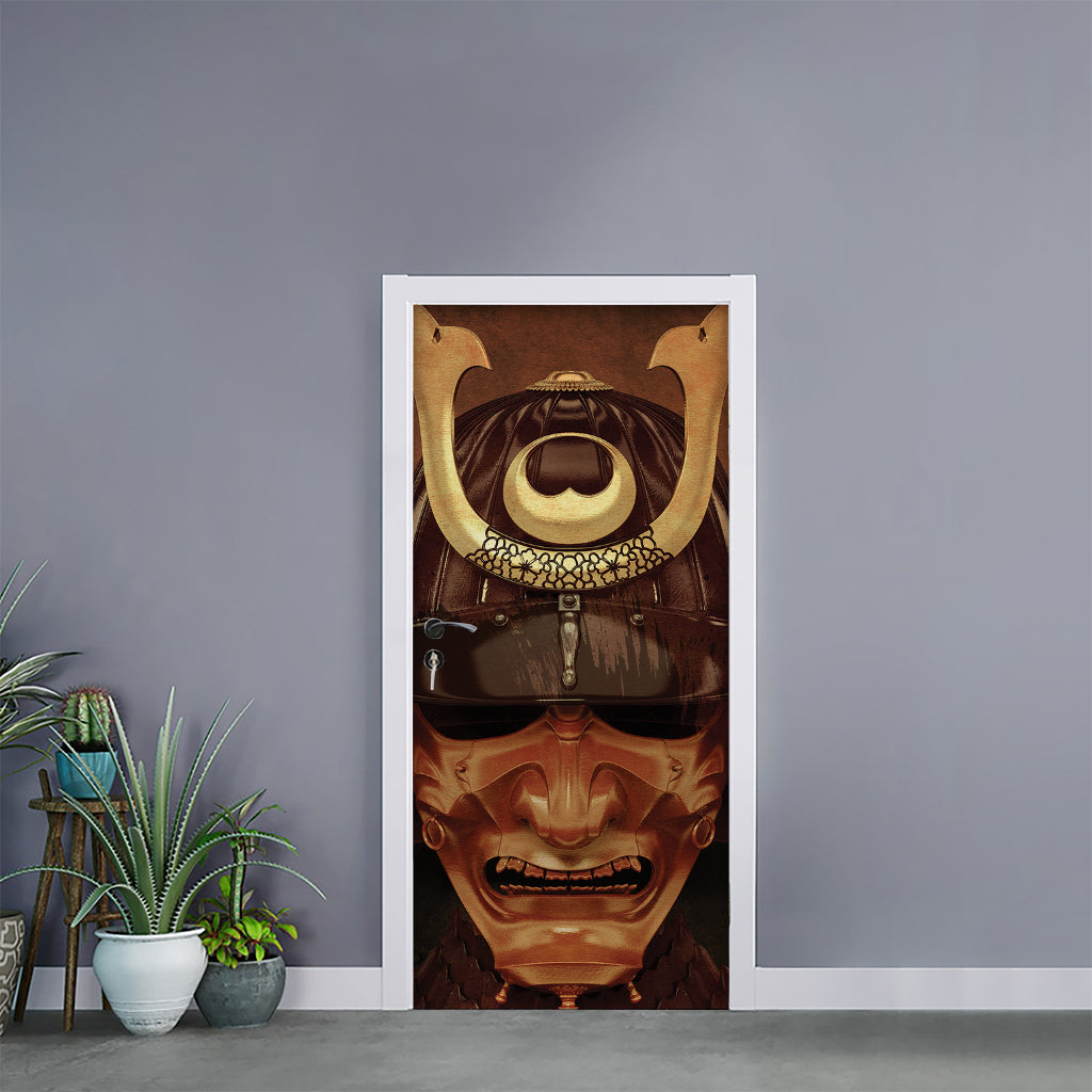 Old Japanese Samurai Mask Print Door Sticker