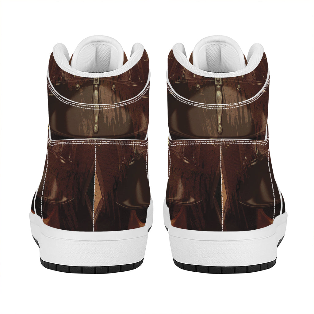 Old Japanese Samurai Mask Print High Top Leather Sneakers