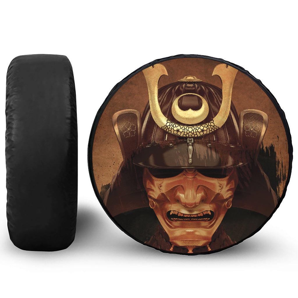 Old Japanese Samurai Mask Print Leather Spare Tire Cover