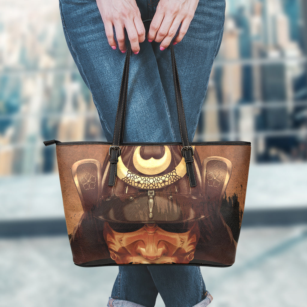 Old Japanese Samurai Mask Print Leather Tote Bag