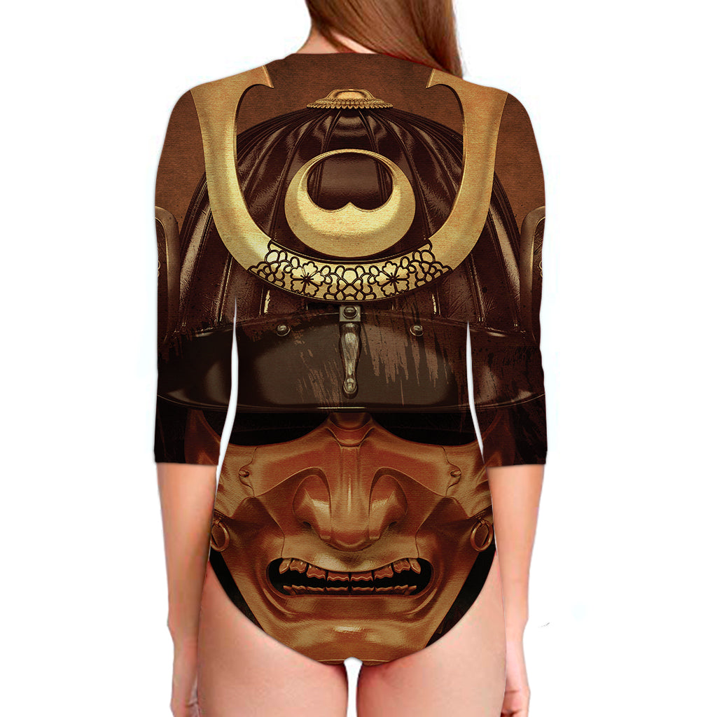 Old Japanese Samurai Mask Print Long Sleeve Swimsuit