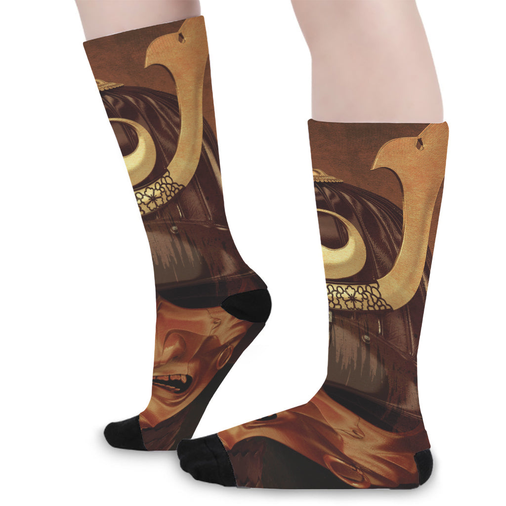 Old Japanese Samurai Mask Print Long Socks