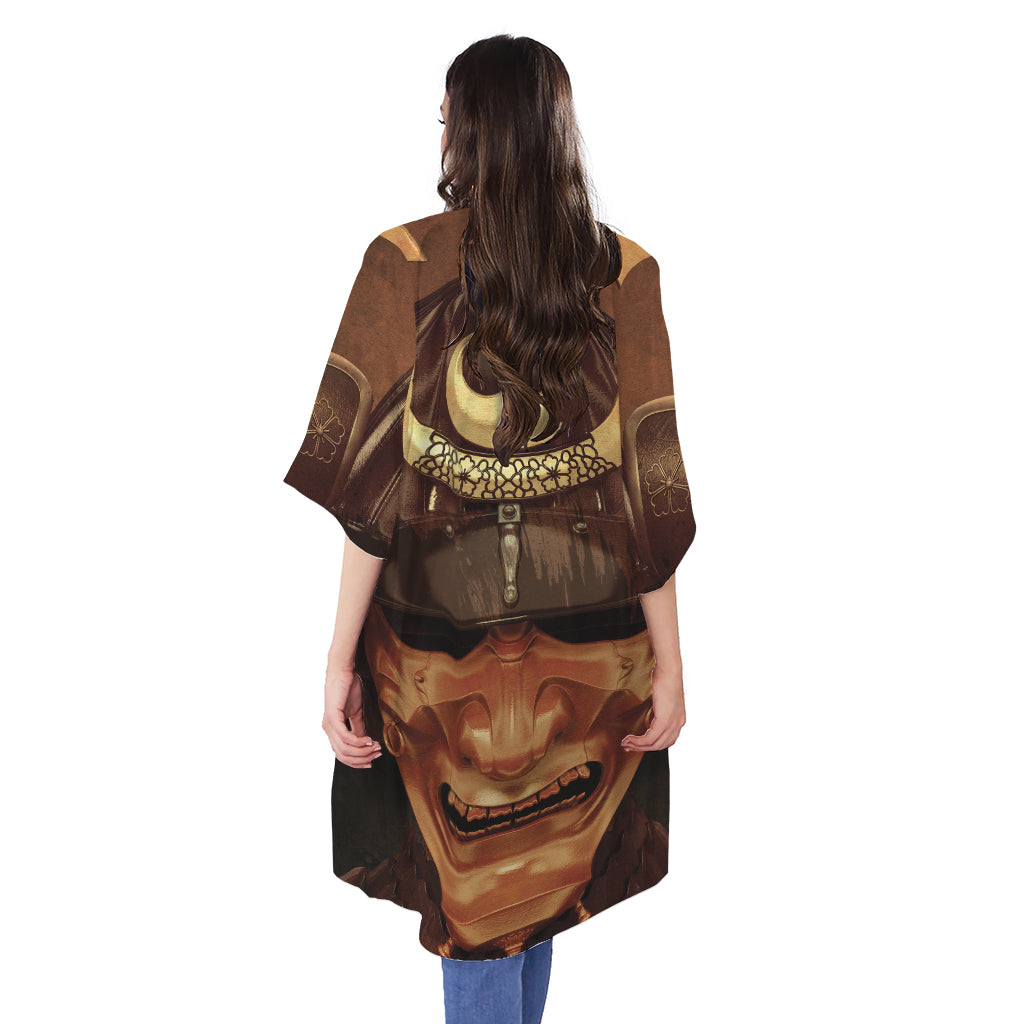 Old Japanese Samurai Mask Print Open Front Beach Cover Up