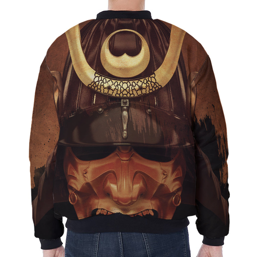 Old Japanese Samurai Mask Print Zip Sleeve Bomber Jacket