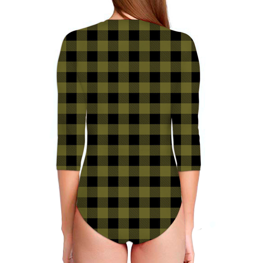 Olive Green Buffalo Check Pattern Print Long Sleeve Swimsuit