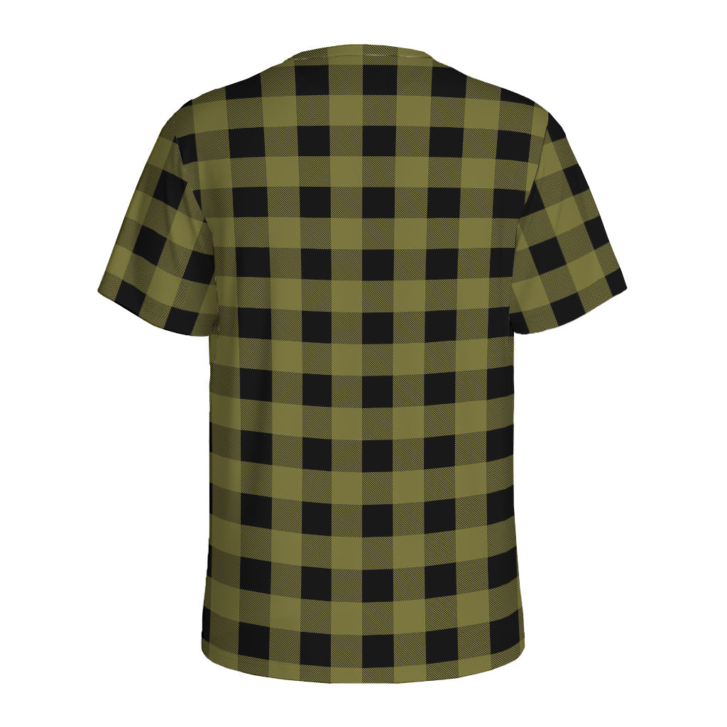 Olive Green Buffalo Check Pattern Print Men's Sports T-Shirt