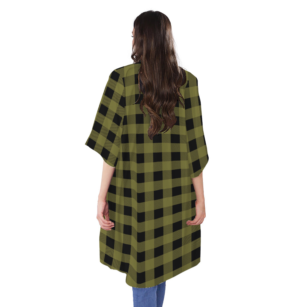 Olive Green Buffalo Check Pattern Print Open Front Beach Cover Up