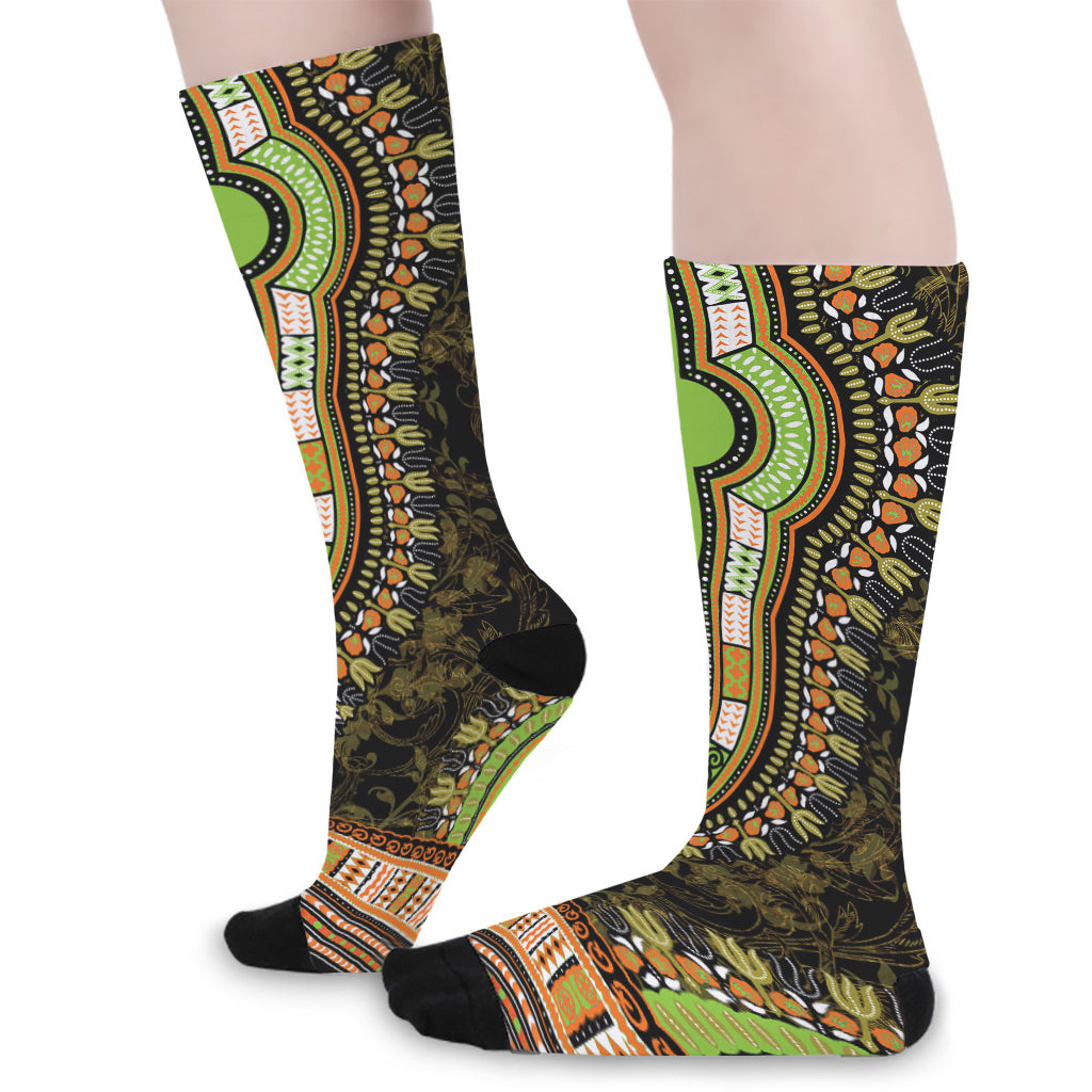 Orange And Black African Dashiki Print Long Socks