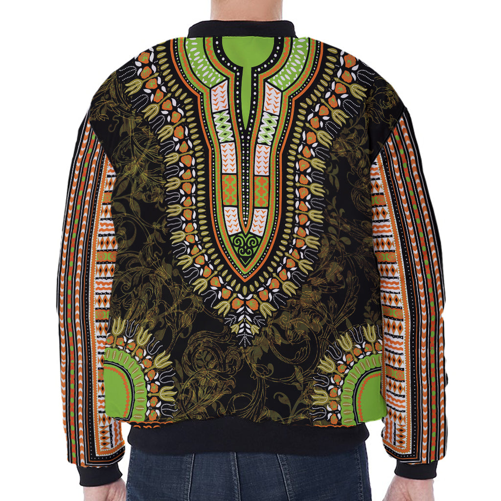 Orange And Black African Dashiki Print Zip Sleeve Bomber Jacket