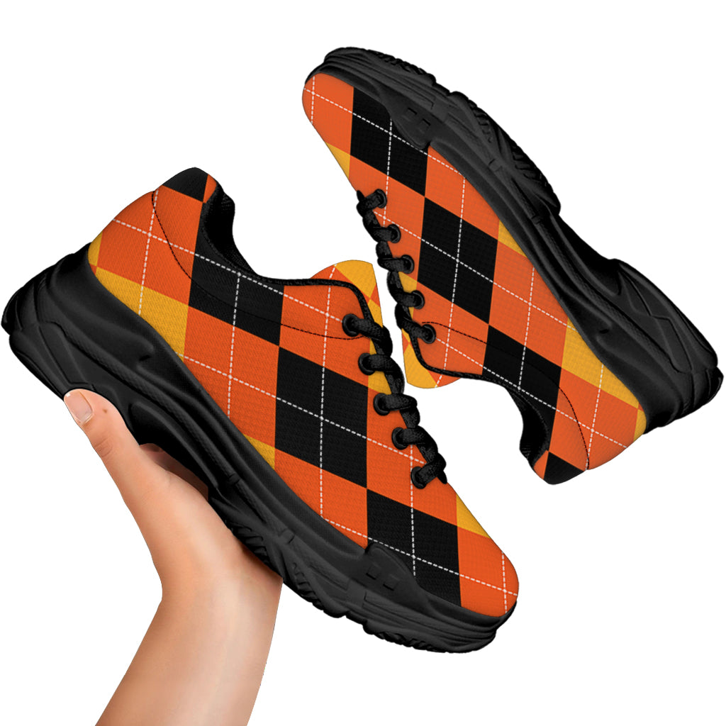 Orange And Black Argyle Pattern Print Black Chunky Shoes