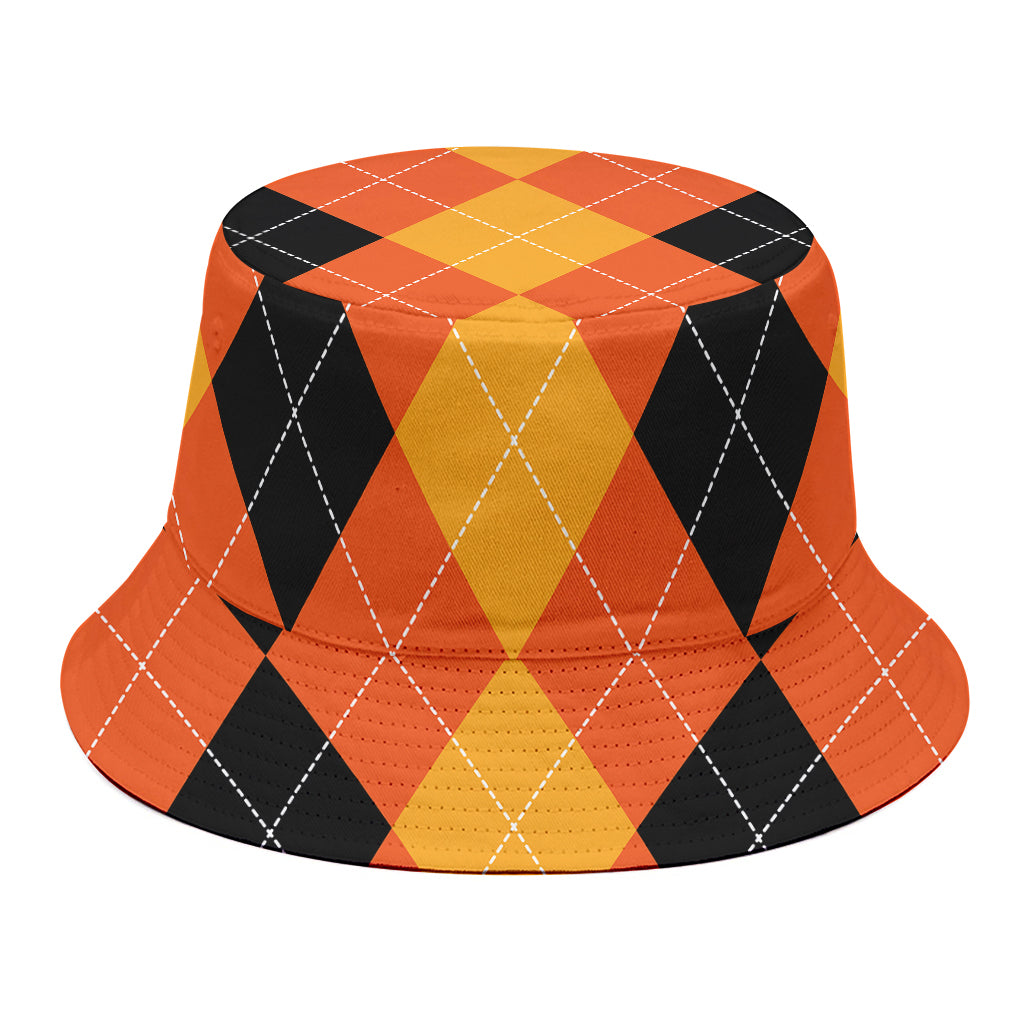 Orange And Black Argyle Pattern Print Bucket Hat