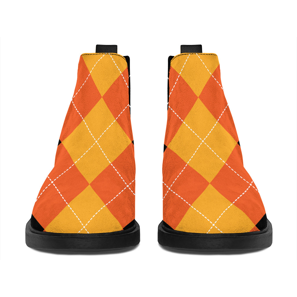 Orange And Black Argyle Pattern Print Flat Ankle Boots