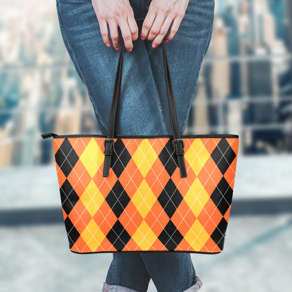 Orange And Black Argyle Pattern Print Leather Tote Bag