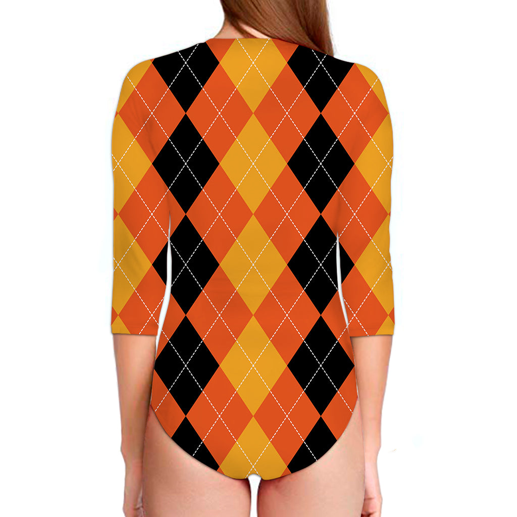 Orange And Black Argyle Pattern Print Long Sleeve Swimsuit