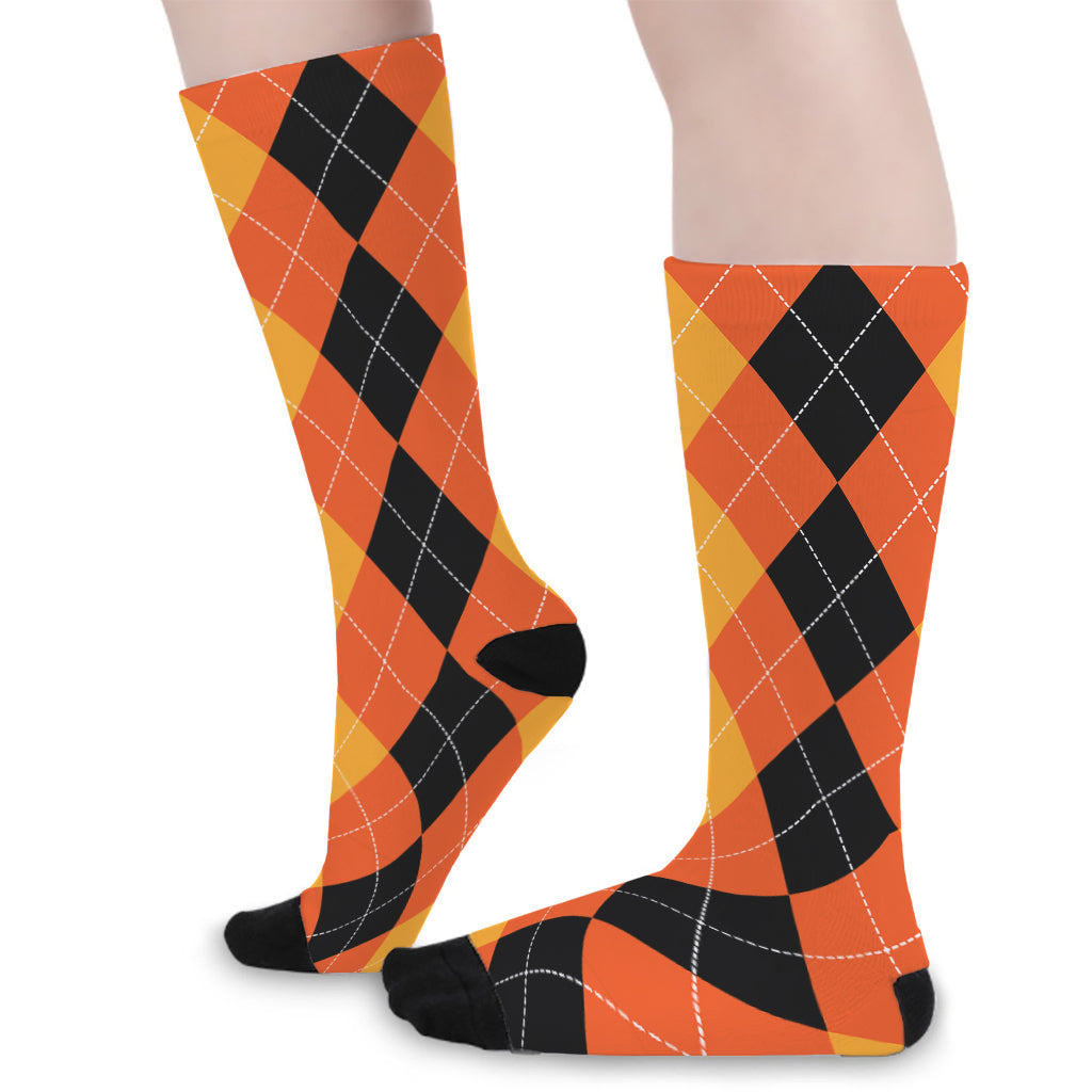 Orange And Black Argyle Pattern Print Long Socks
